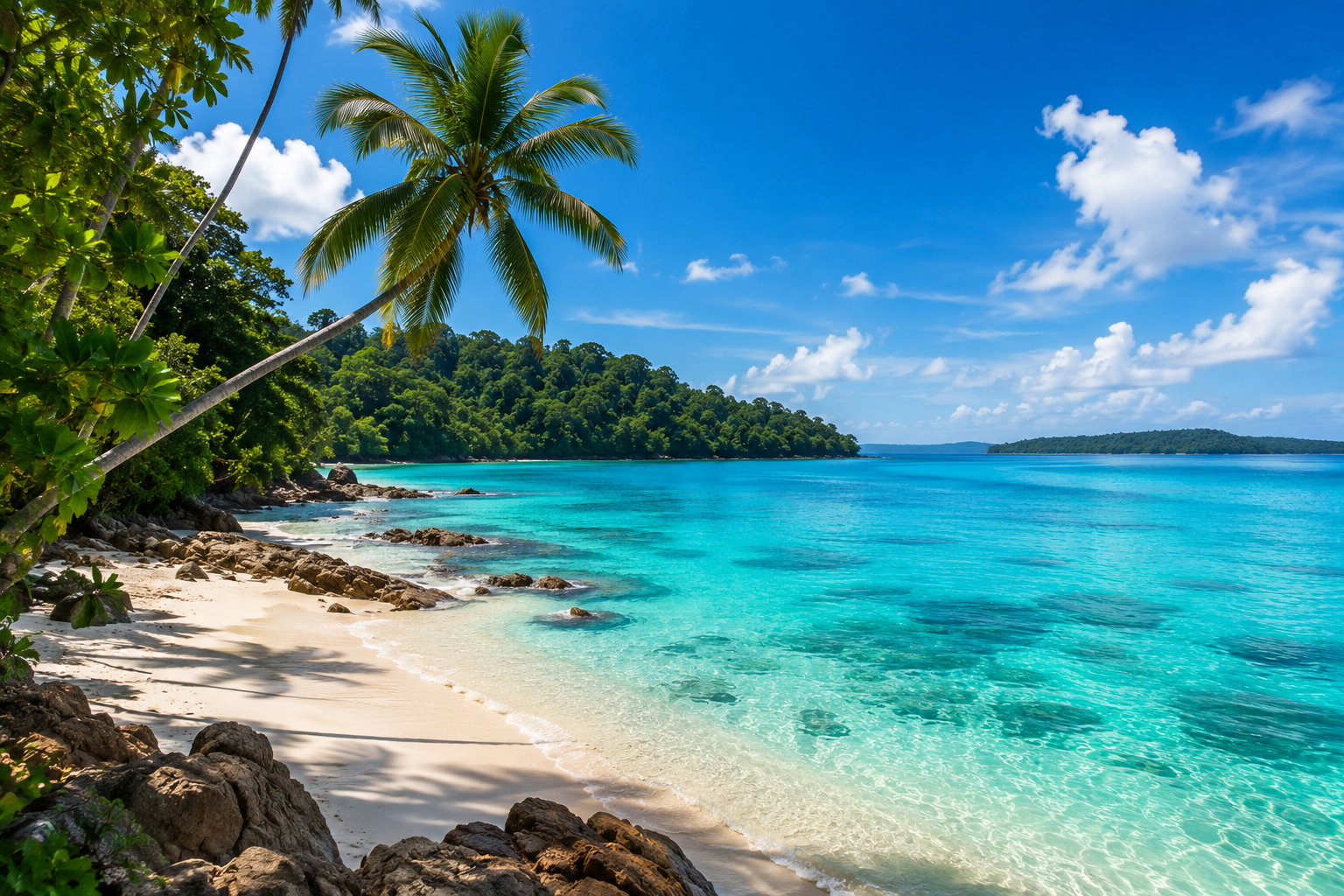 Crystal-clear turquoise waters, white sandy beach, lush tropical greenery, and palm trees along the scenic coastline of Andaman.