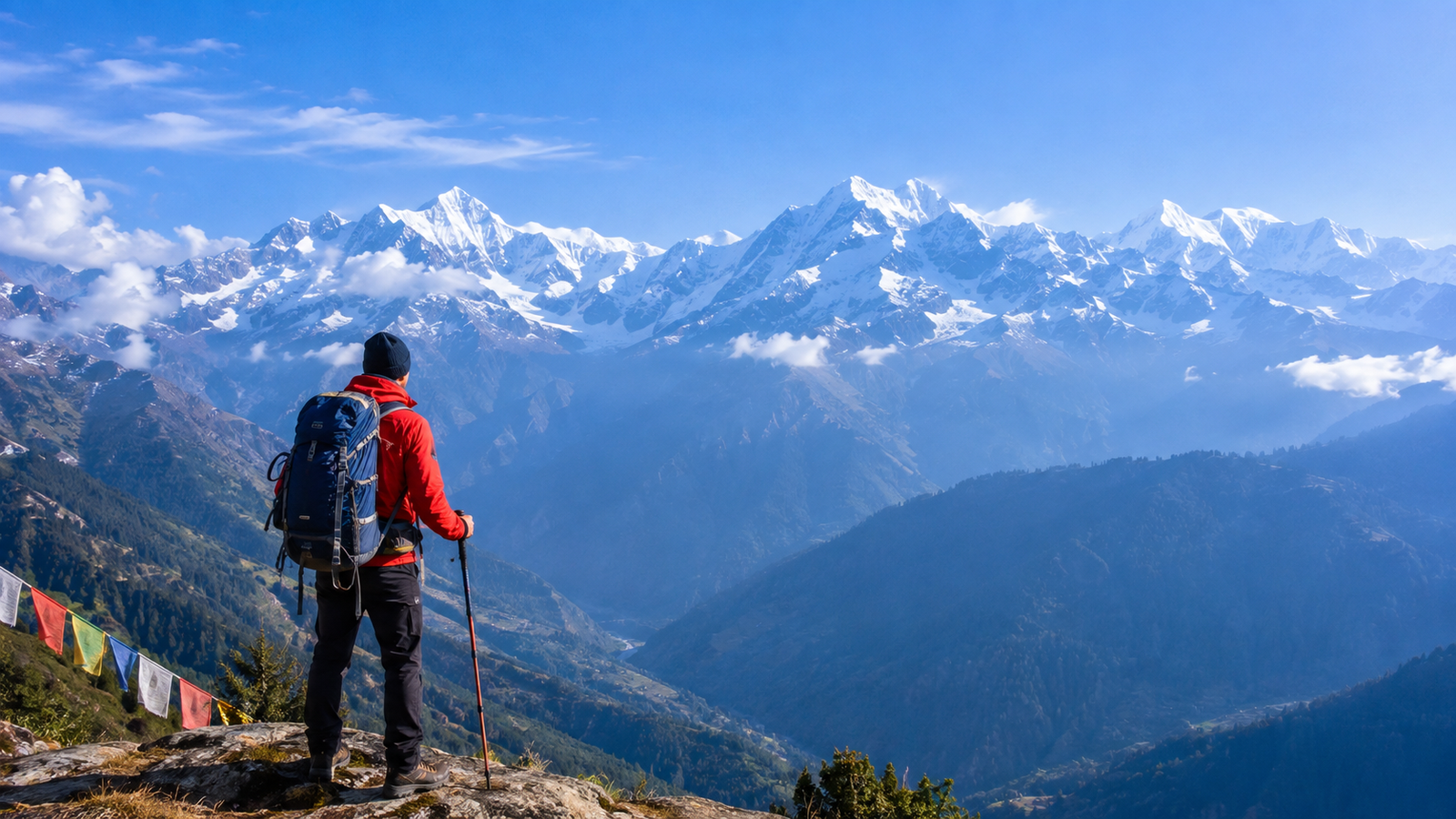 Tourist with a backpack enjoying a scenic mountain view with snow-capped peaks, valleys, and blue skies.