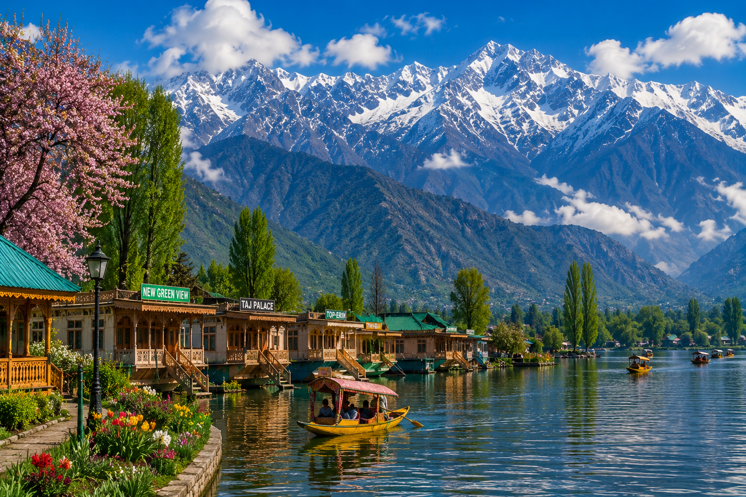 Scenic Kashmir landscape with a serene Dal Lake, colorful shikaras and houseboats, blooming gardens, lush green hills, and majestic snow-capped Himalayan mountains in the background.