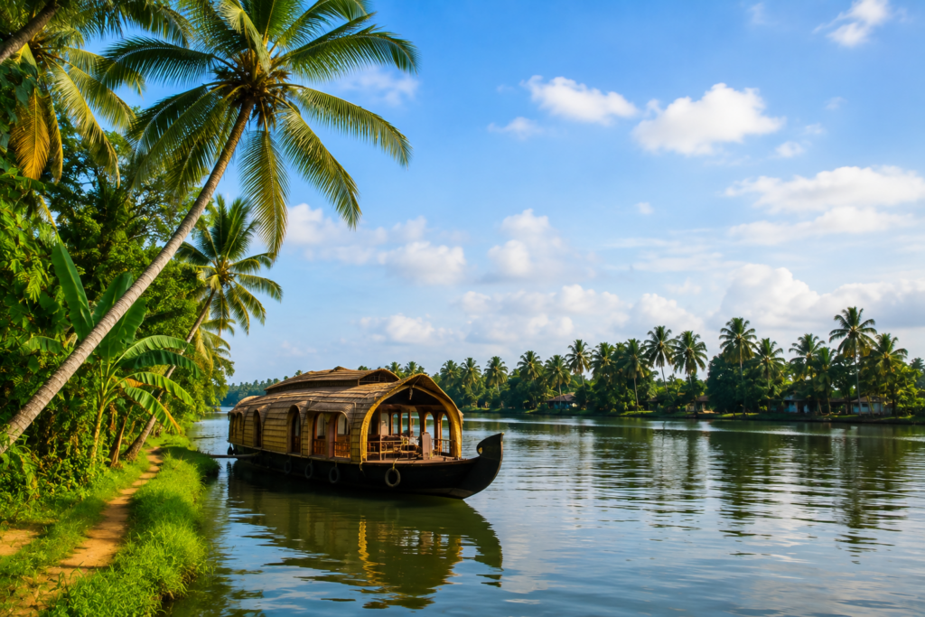 Scenic Kerala backwaters with a traditional thatched houseboat, coconut palms, lush tropical greenery, calm reflective water, and a peaceful riverside landscape under a bright blue sky.