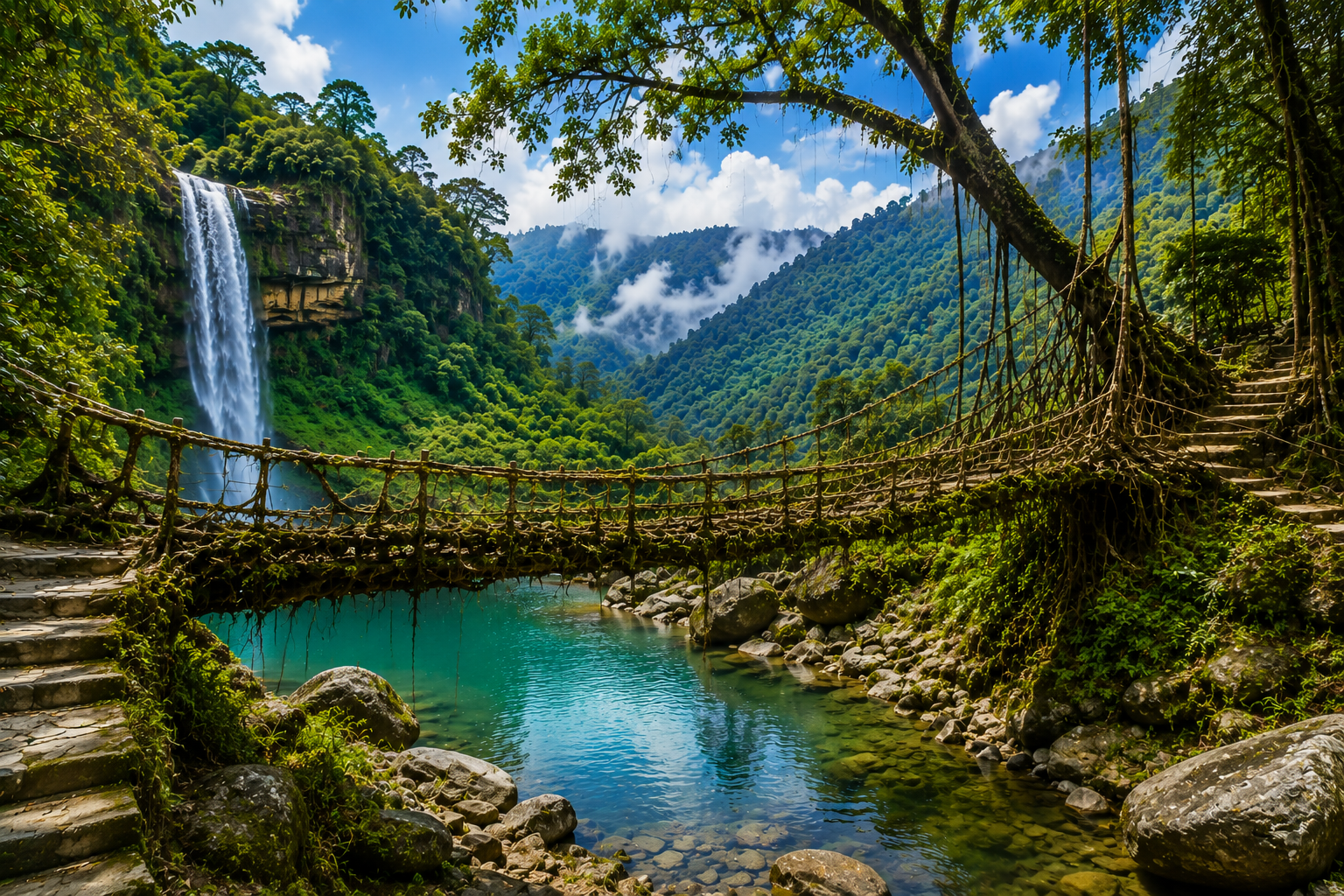Scenic Meghalaya landscape featuring a natural living root bridge over a turquoise stream, lush green rainforest, a cascading waterfall, misty hills, and dense tropical vegetation.