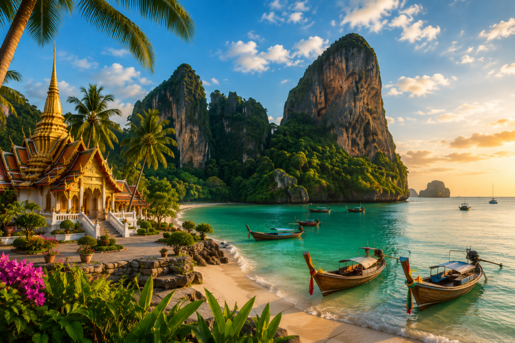 Thailand travel destination featuring a traditional Thai temple, turquoise tropical waters, longtail boats, lush palm trees, and dramatic limestone cliffs at golden hour.