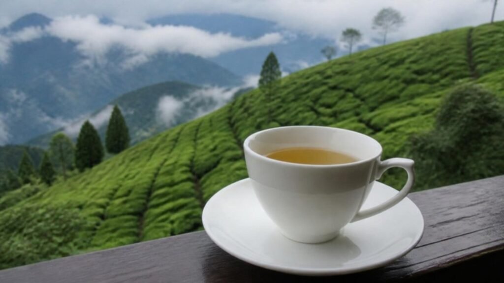 Cup of Darjeeling tea overlooking a tea estate – Darjeeling tea garden tour
